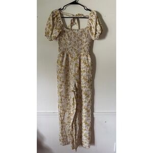Luvvion Yellow Floral Smocked Wide‎ Leg Jumpsuit Puff Sleeve Cottagecore S NWT